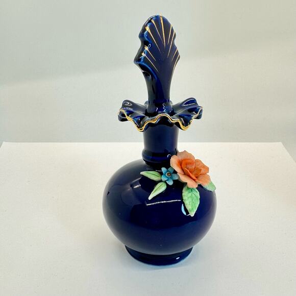 Decorative Perfume Bottle w/ Stopper Rose Flower Cobalt Blue Gold Ruffle Trim - Picture 2 of 10
